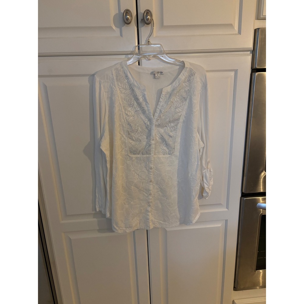 Dalia Collection Woman White Embroidered Roll Tab Sleeve Blouse 2X MCX9782-70U